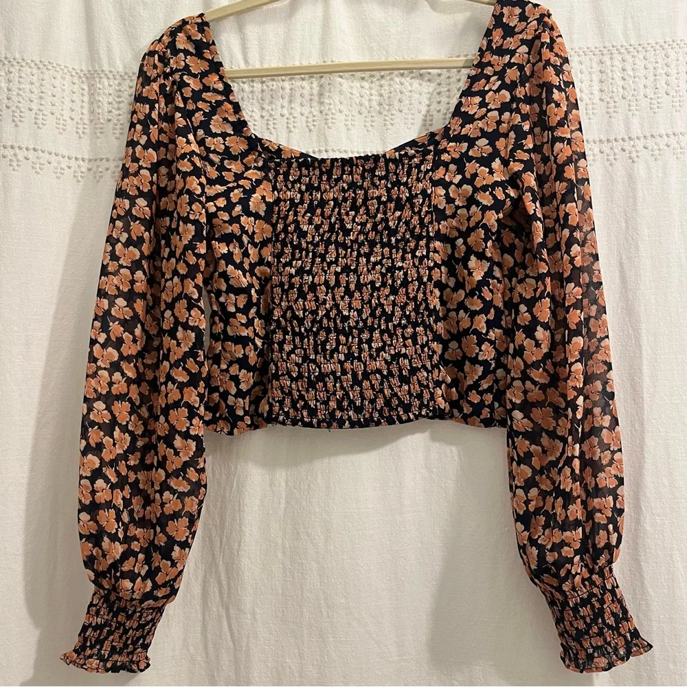 Abercrombie Sweetheart Puff-Sleeve Navy Orange Floral Poppy Print Blouse, Medium
